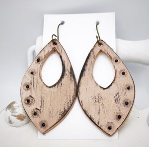 Tooled Leather Earrings- Crystal Dots / Beige/Black