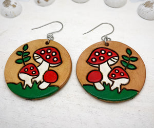 Tooled Leather Earrings - Traditional Mushrooms
