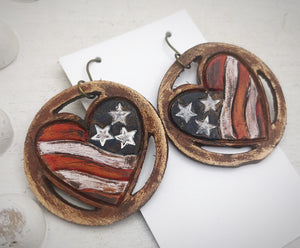 Tooled Leather Earrings - Patriotic Circled Hearts