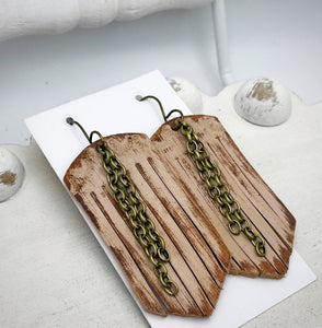 Tooled Leather Earrings- Fringe & Chains (Cream/Brown)