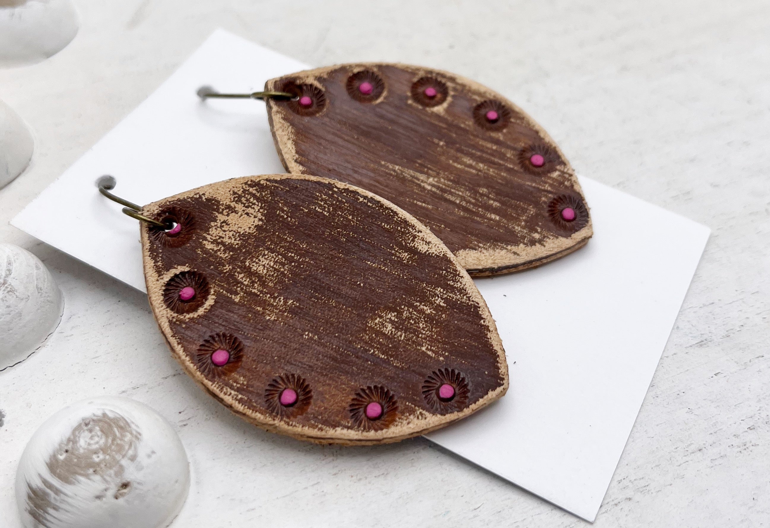 Tooled Leather Earrings- Gale (Brown Pink)