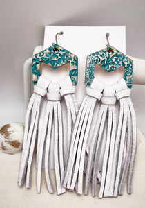 Tooled Leather Fringe Earrings - Anna in White