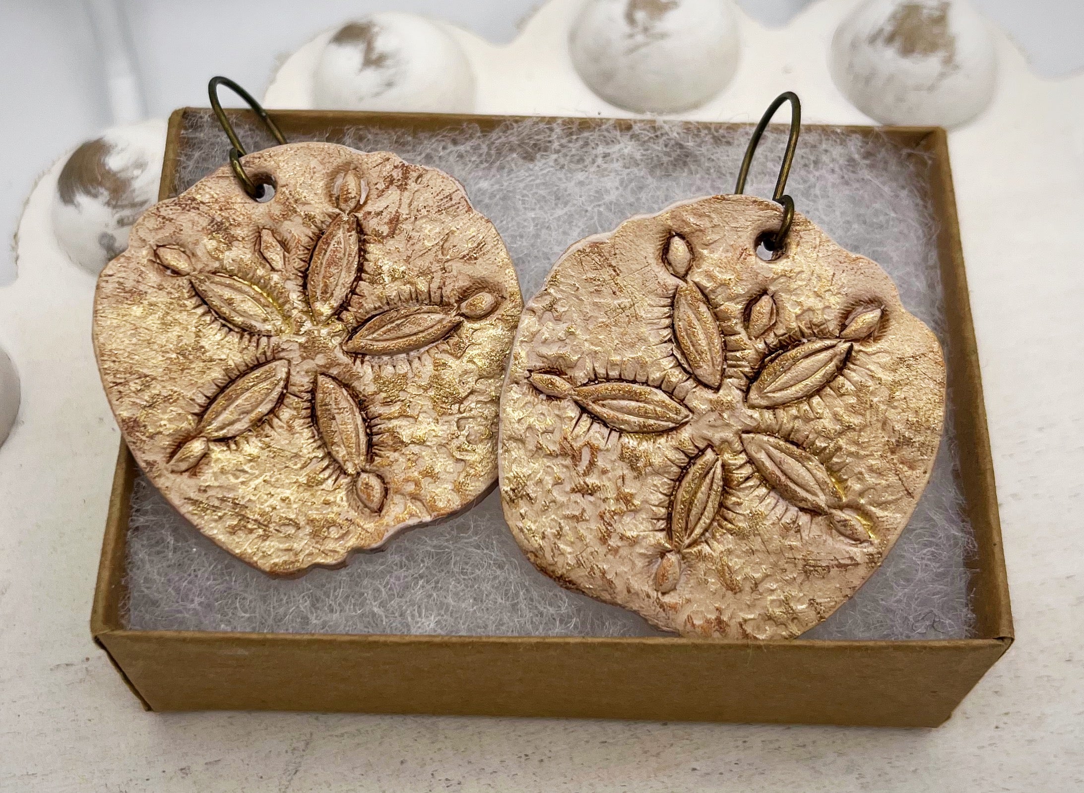 Tooled Leather Earrings- Sanddollars (Sand/Gold
