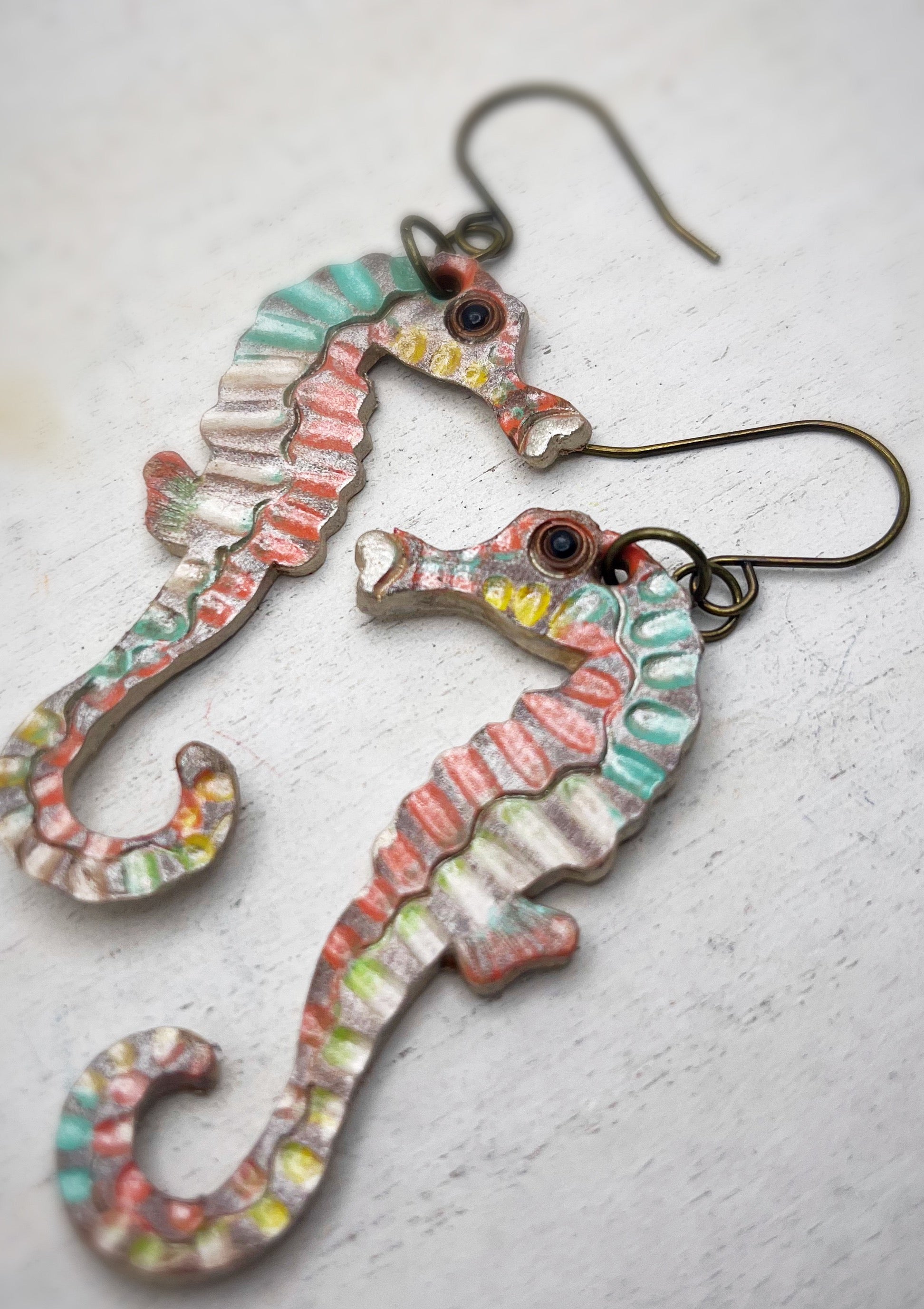 Tooled Leather Earrings - Seahorse/Multi color