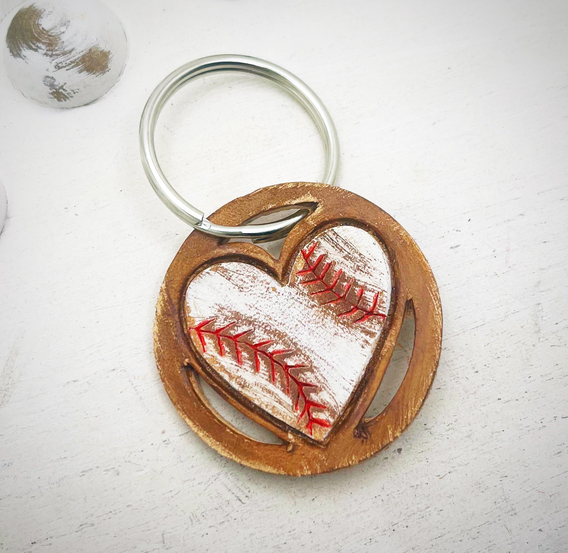 Tooled Leather Keychain- Baseball Heart