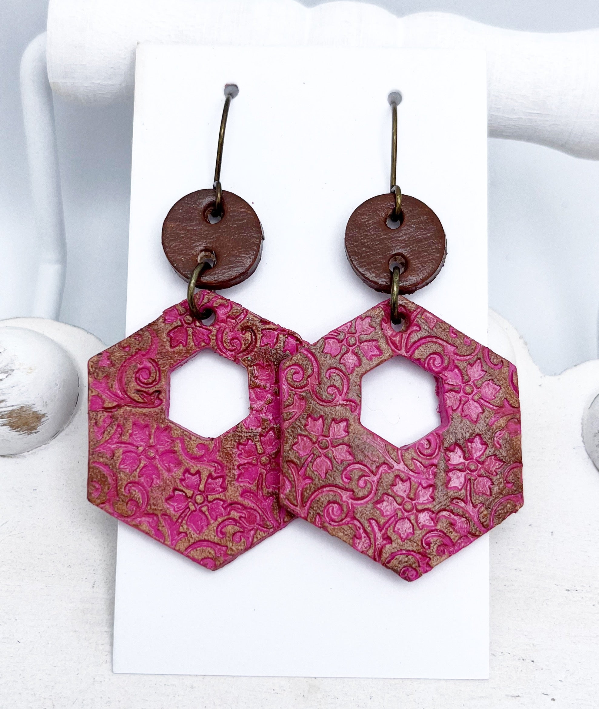 Tooled Leather Earrings- Raspberry & Chocolate Hexy