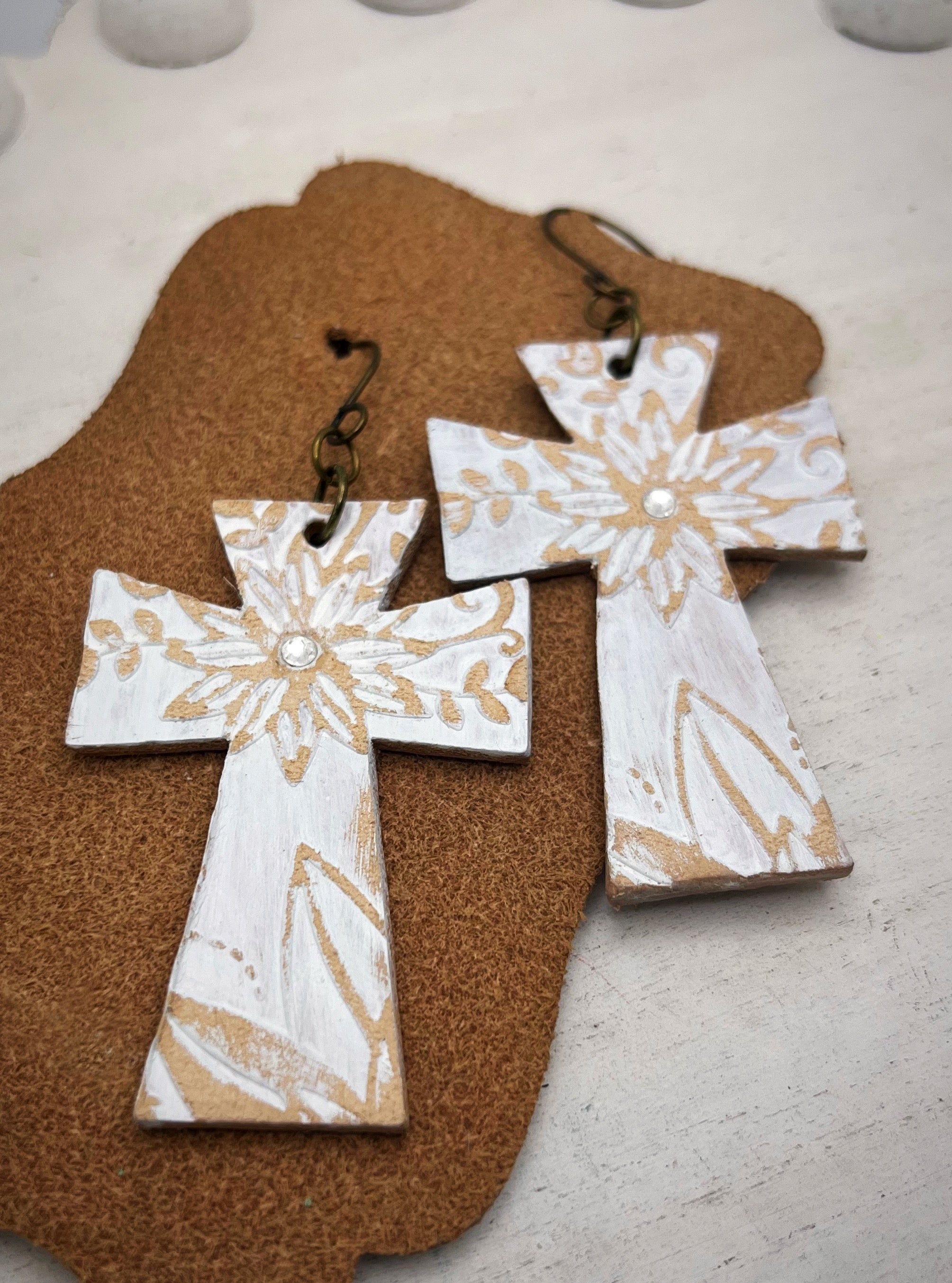 Leather Earrings- Floral Cross
