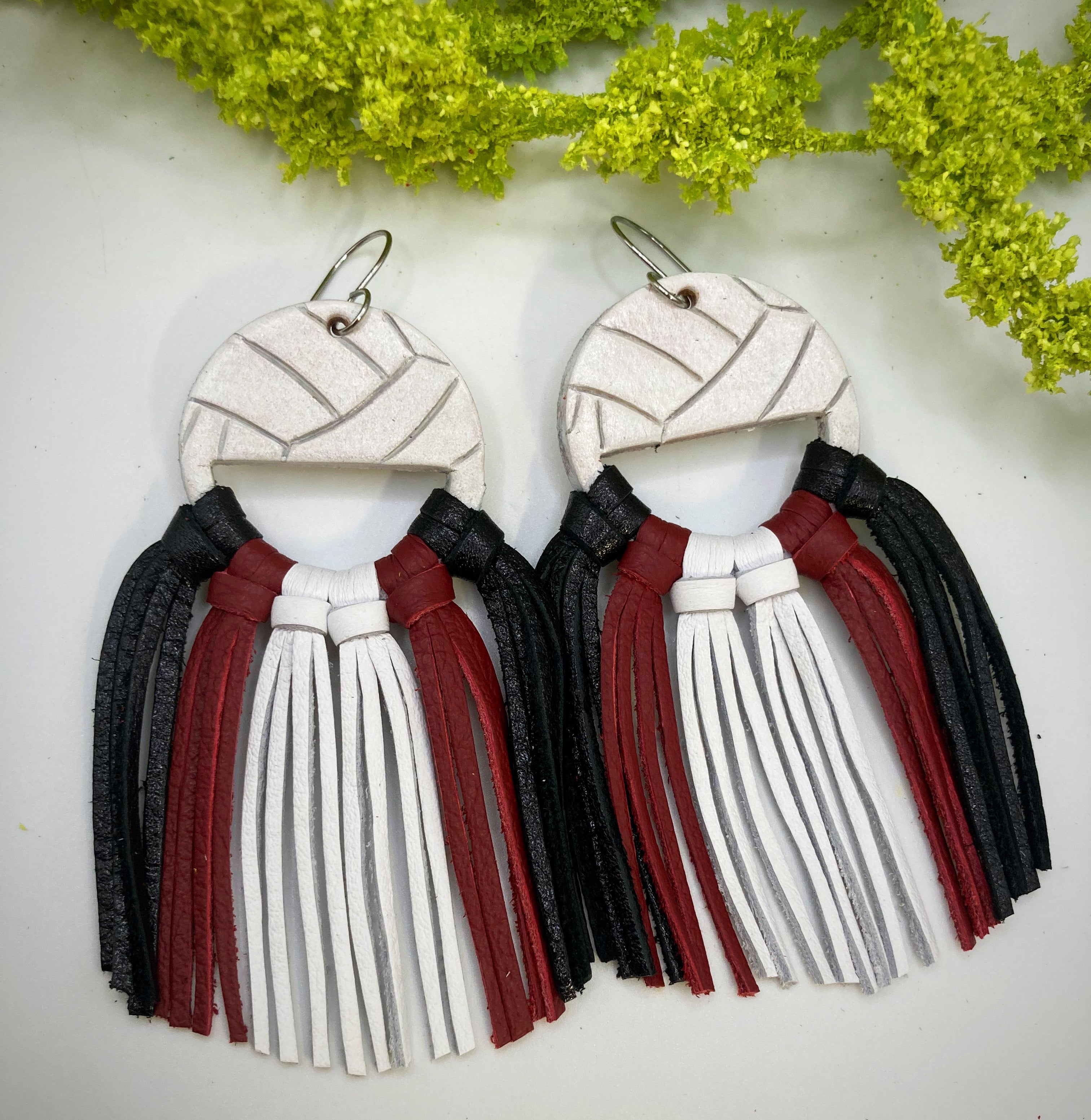 Tooled Leather Fringe Earrings - Volleyball