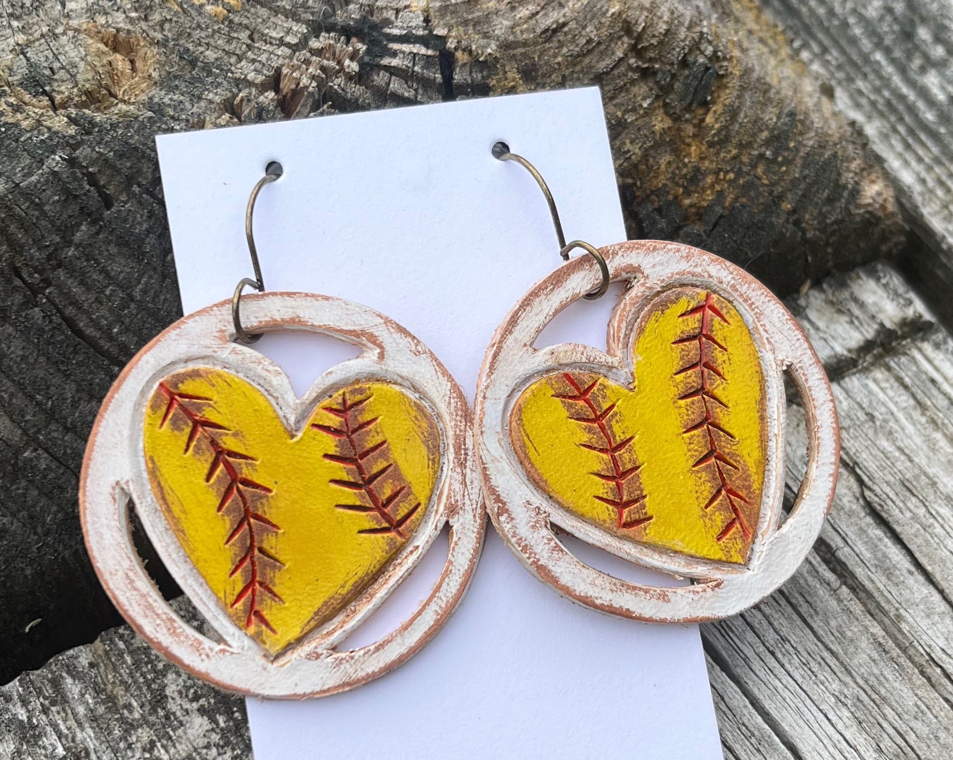 Tooled Leather Earrings - Softball circled heart