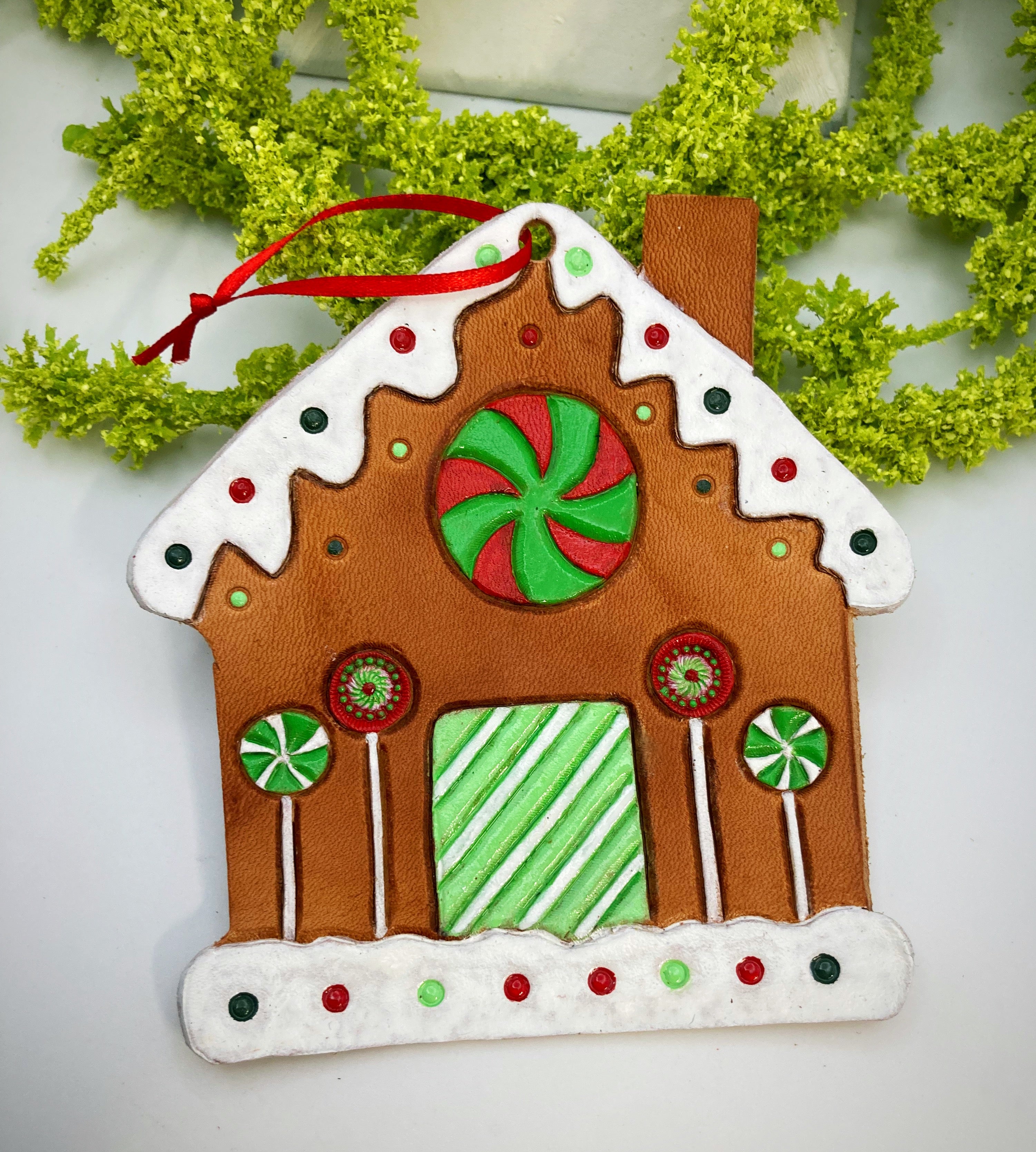 Tooled Leather Christmas Ornament - Gingerbread House