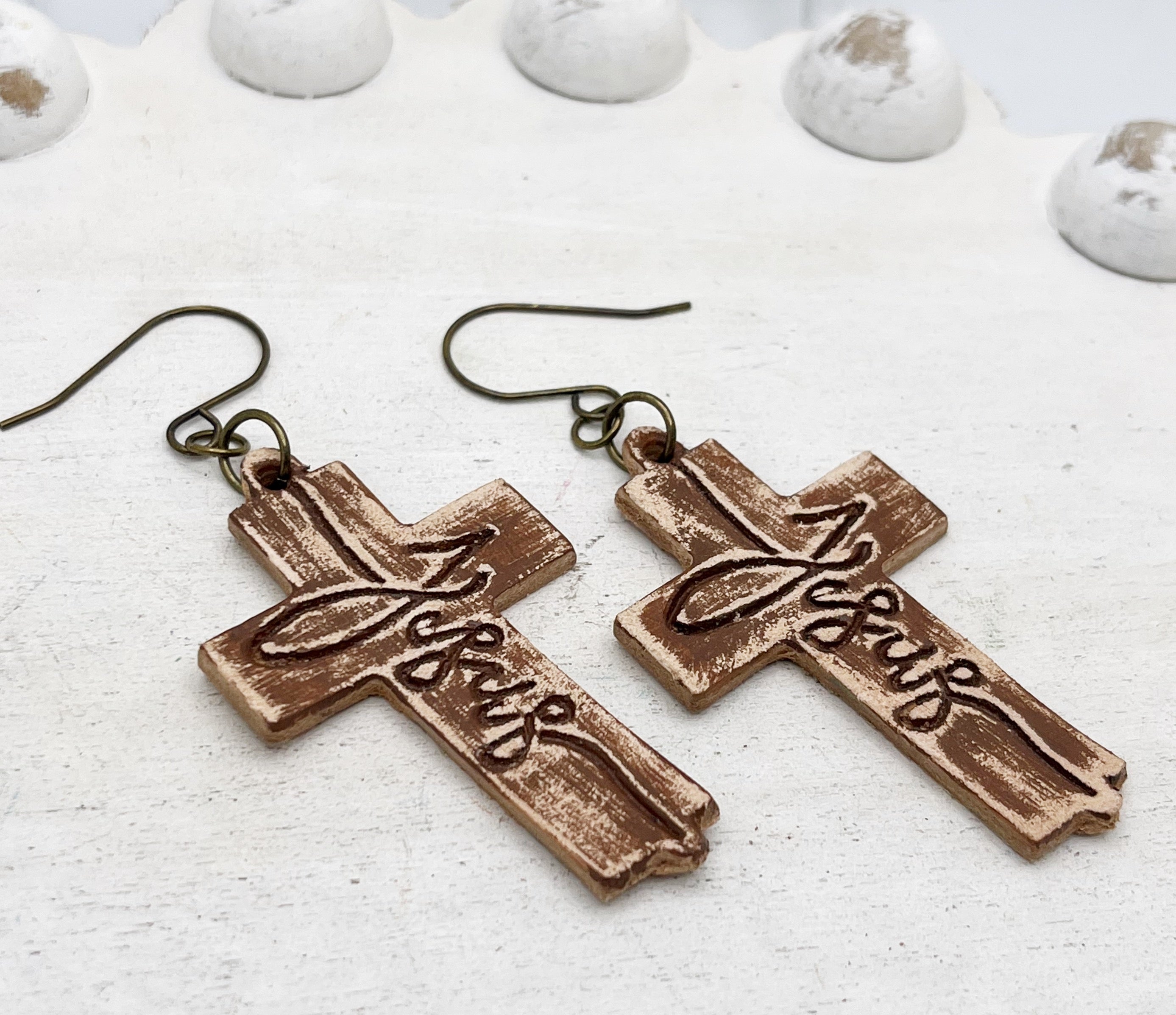 Embossed Leather Earrings - Jesus Cross (Brown)