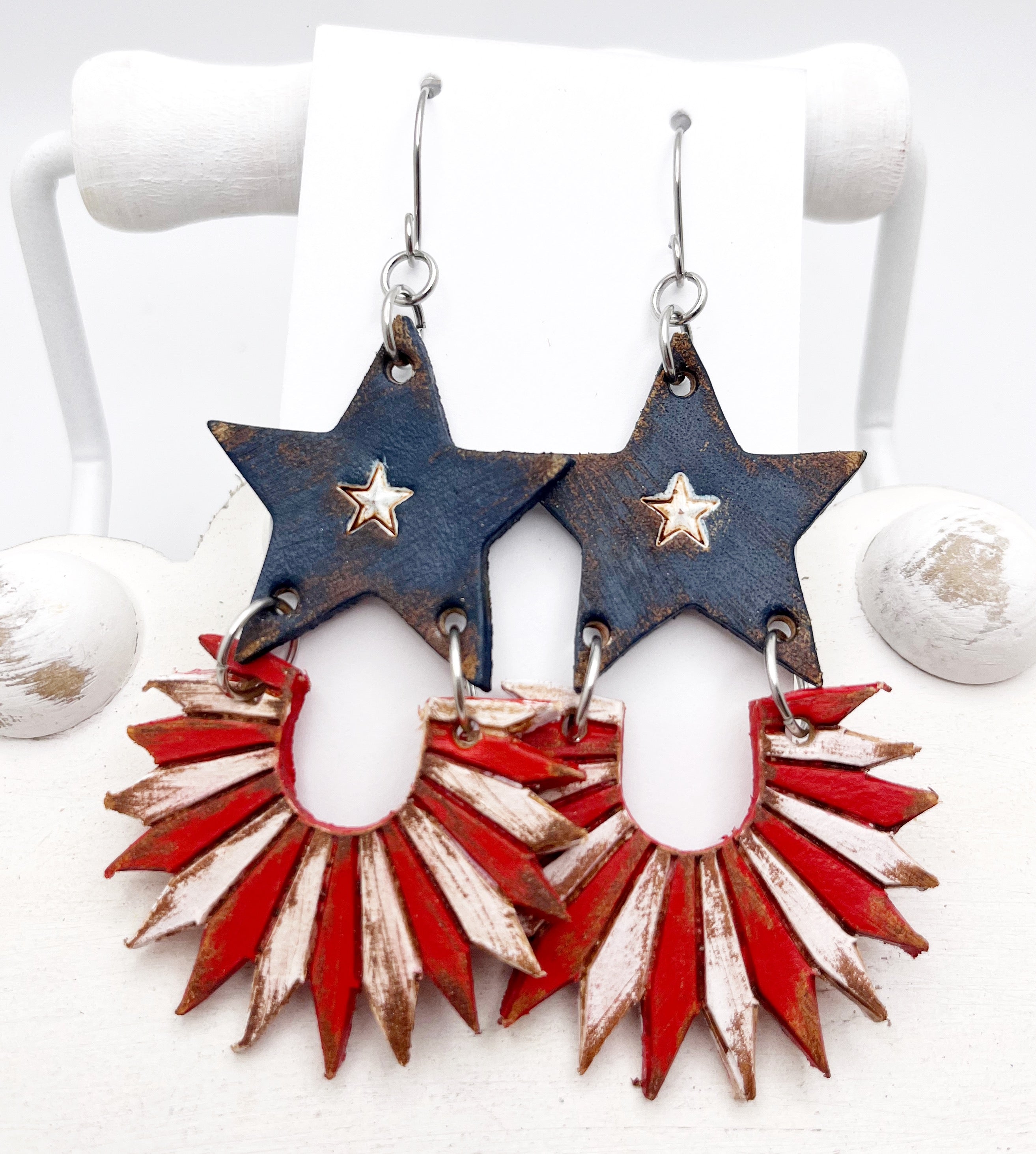 Tooled Leather Earrings - Patriotic Spikes